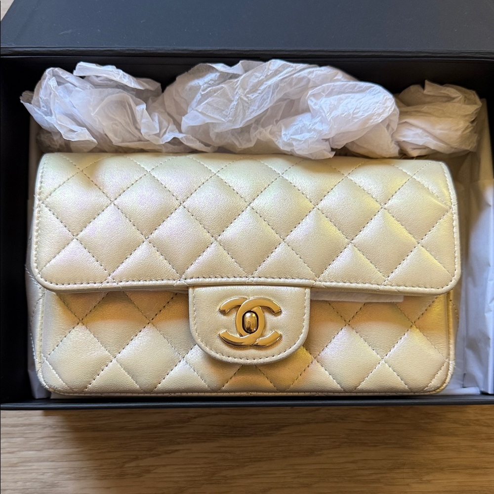 Chanel 20B light beige champagne irridecent mini rectangular handbag